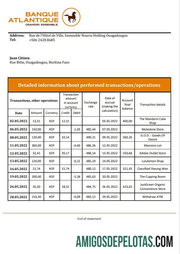 Modelo de extrato bancário para impressão de Burkina Faso Banque Atlantique, formato Word e PDF